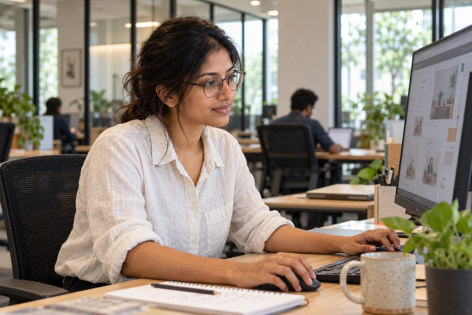 Illustrative scene of Aastha designing a website in a coworking space