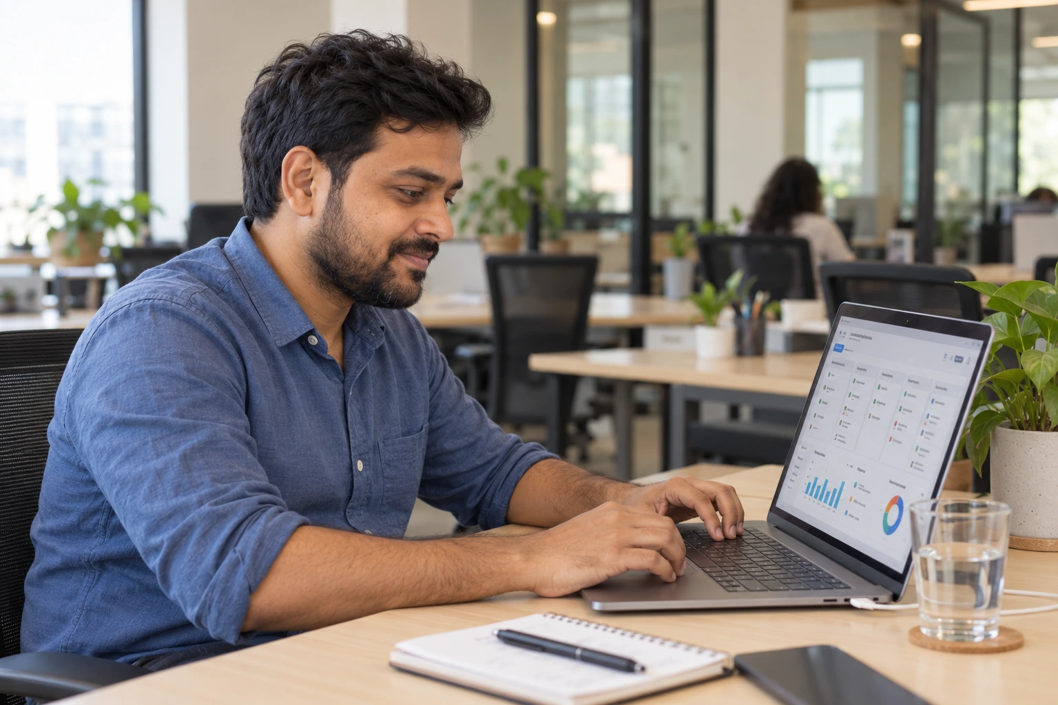 Illustrative scene of Param reviewing a workflow at his workstation
