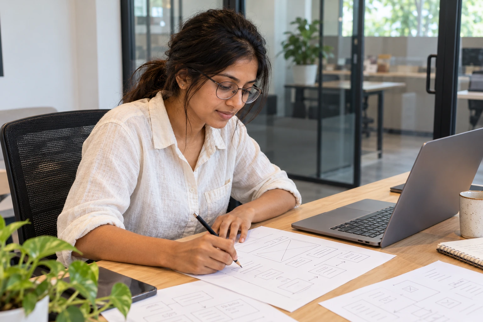 Illustrative scene of Aastha planning a website structure