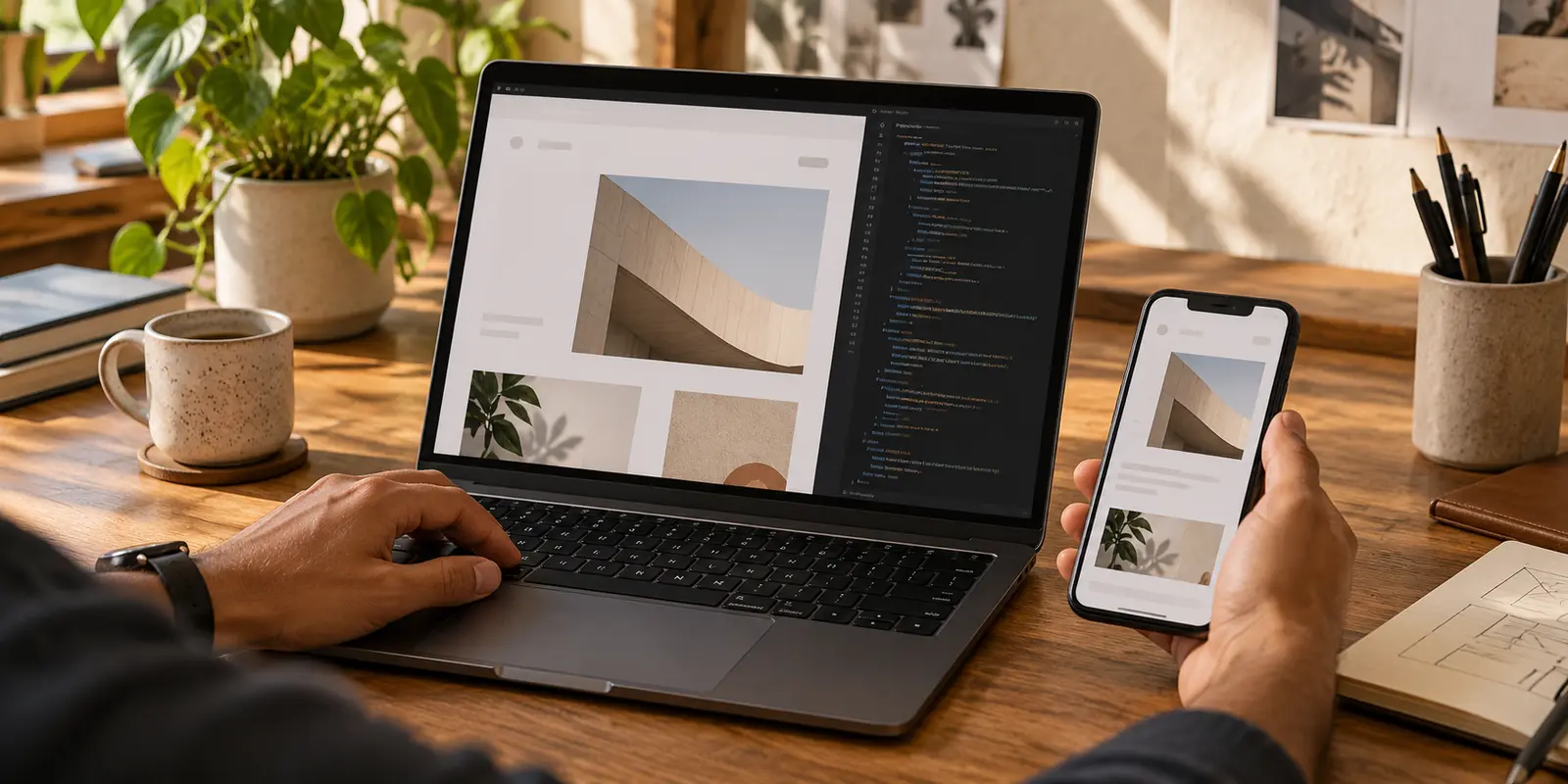 A website being checked on a laptop and a phone
