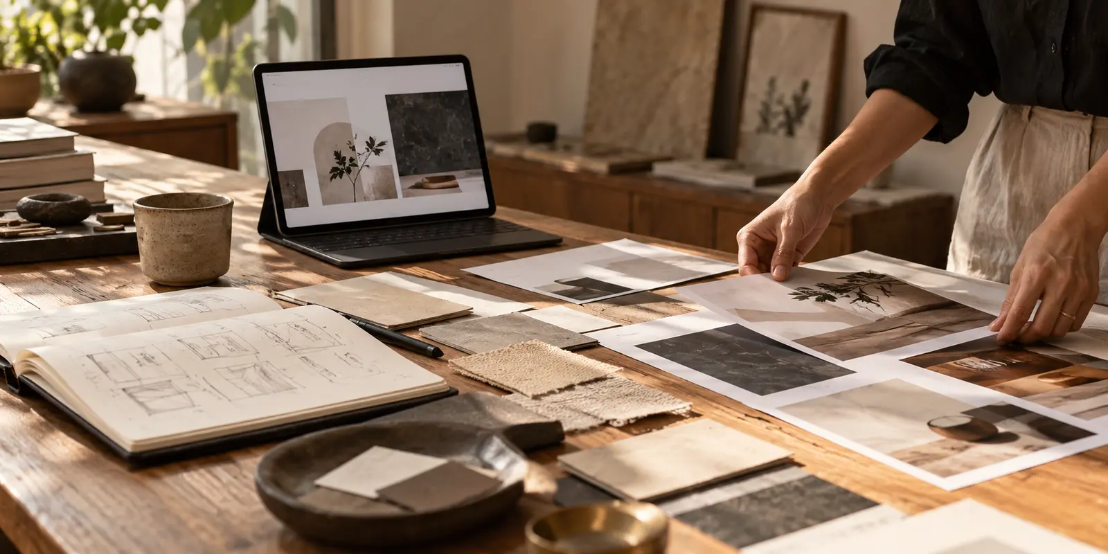 Designer arranging website layouts and visual references